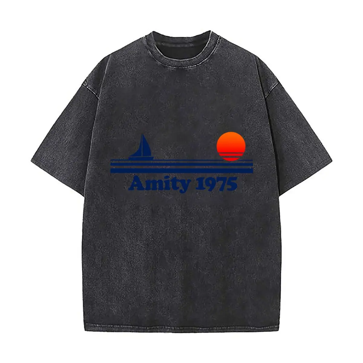 Amity 1975 Sailboat Sunset Horizon Vintage Distressed Loose Streetwear Tops