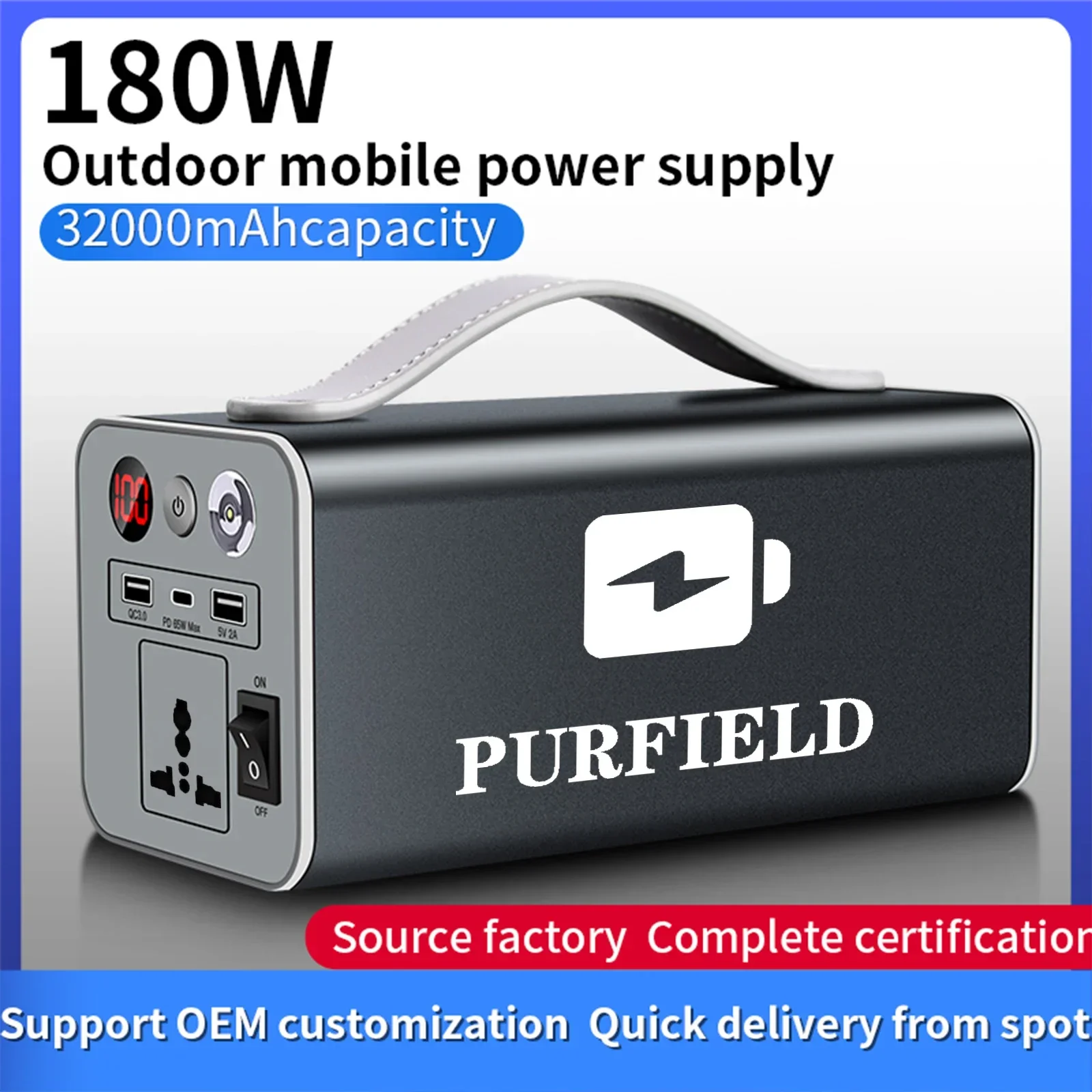 PURFIELD 180W Portable Power Station 110/220V Solar Generator Outdoor Emergency Mobile Power Bank 32000mAh For Camping Power LED