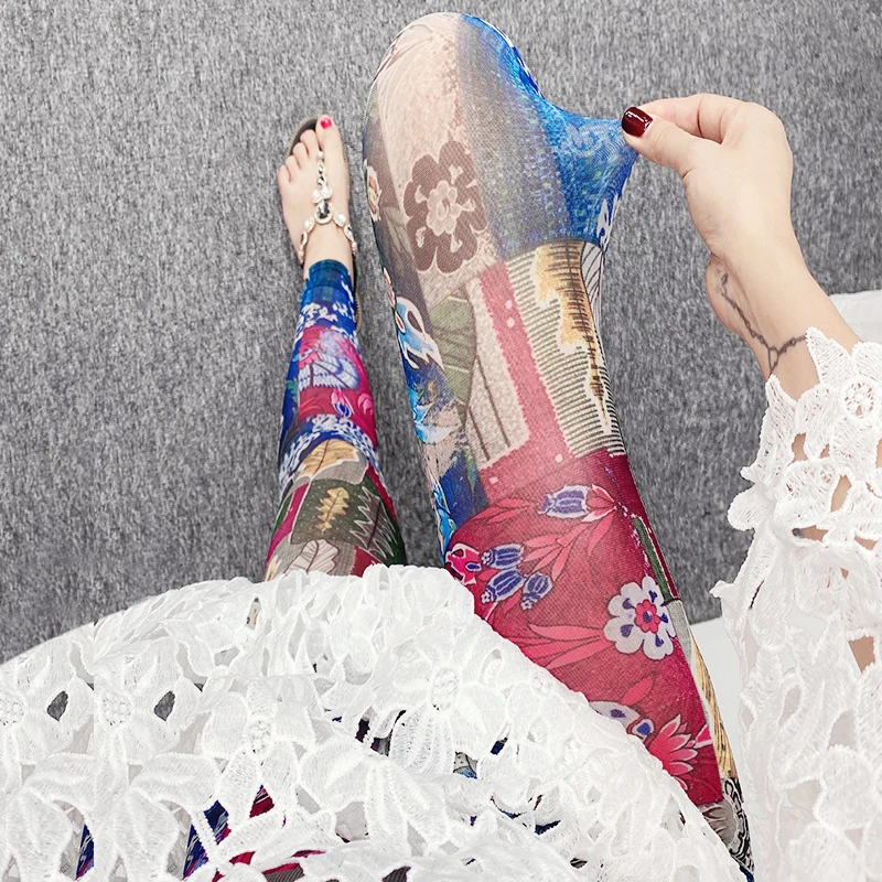 Summer Leggings Women's Thin Decor Mesh Perspective Elastic Bohemian Printed Pants Gothic Style Yoga Tights Sportswear