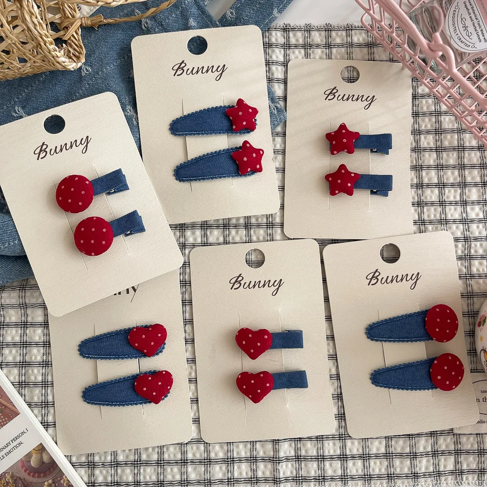 

2pcs Red and Blue Denim Polka Dot Star Hair Clips Fabric Sweet Girl Hairpin Bangs Side Clip Children's Hair Accessories Headwear