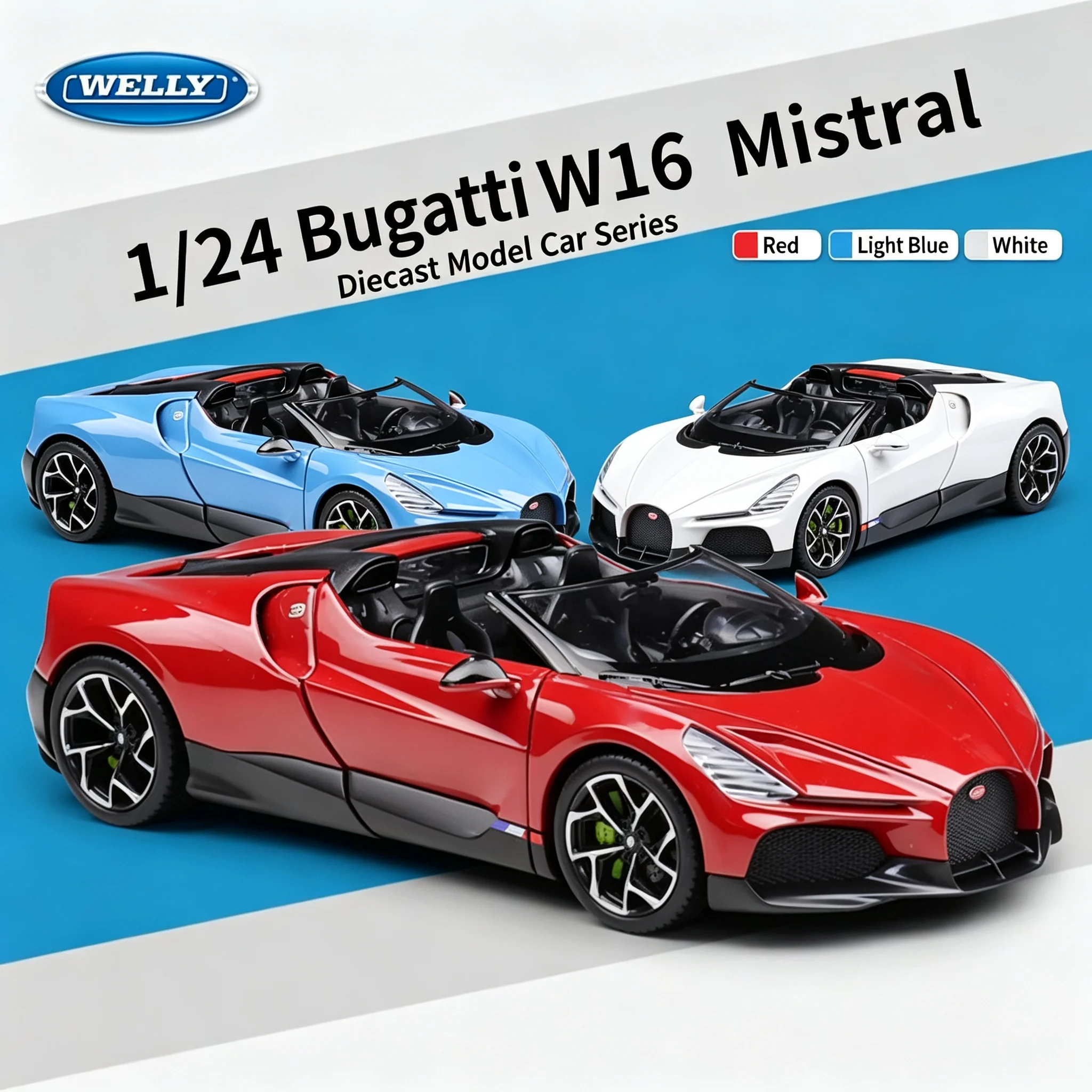 WELLY 1:24 Bugatti W16 Mistral Roadster Hypercar Alloy Die-Cast Model, Officially Licensed Collector's Edition