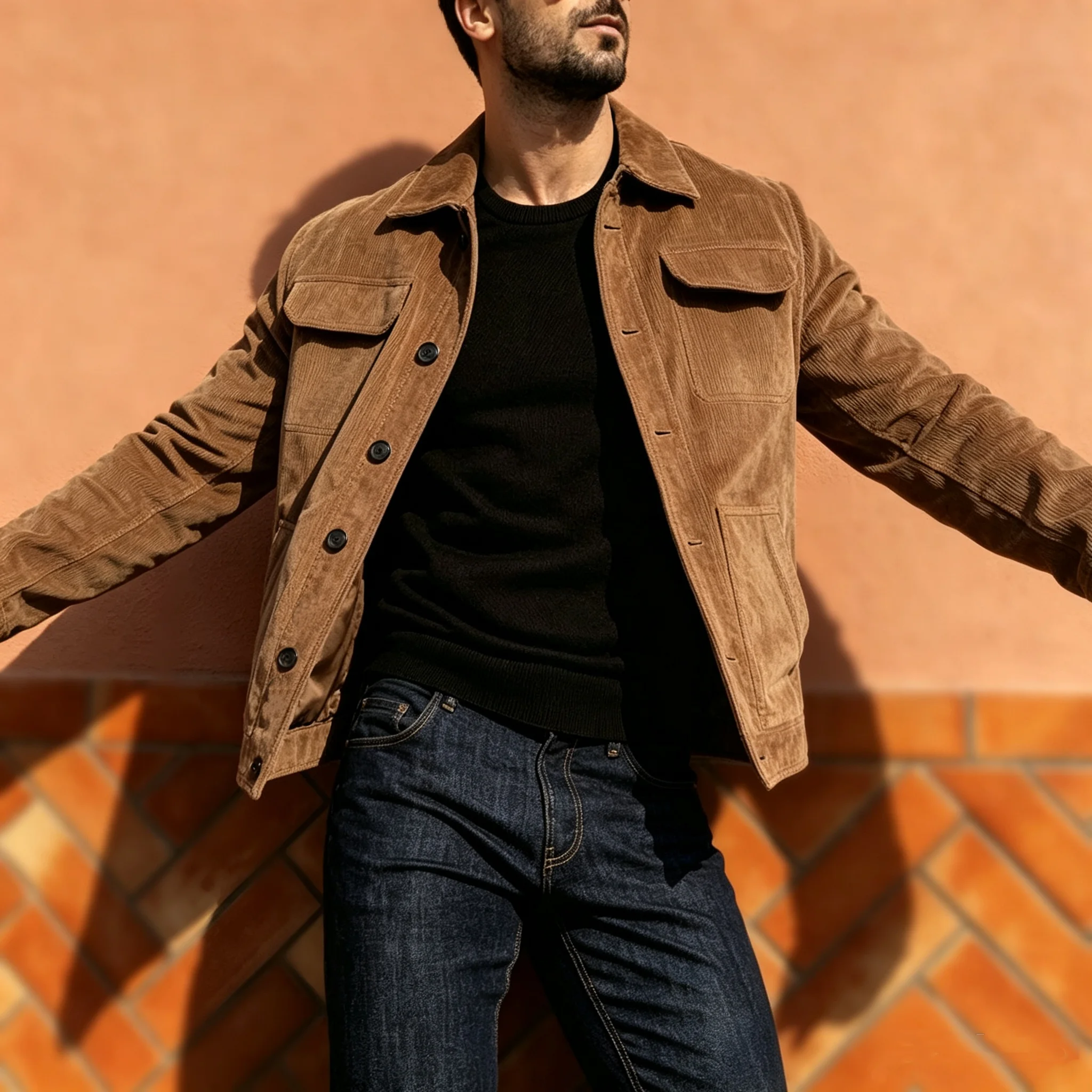  Men's Vintage Corduroy Jacket Trucker Coat Casual Multi Pocket Loose Fit Casual Loose Fit Autumn Windbreakers Western Cowboy