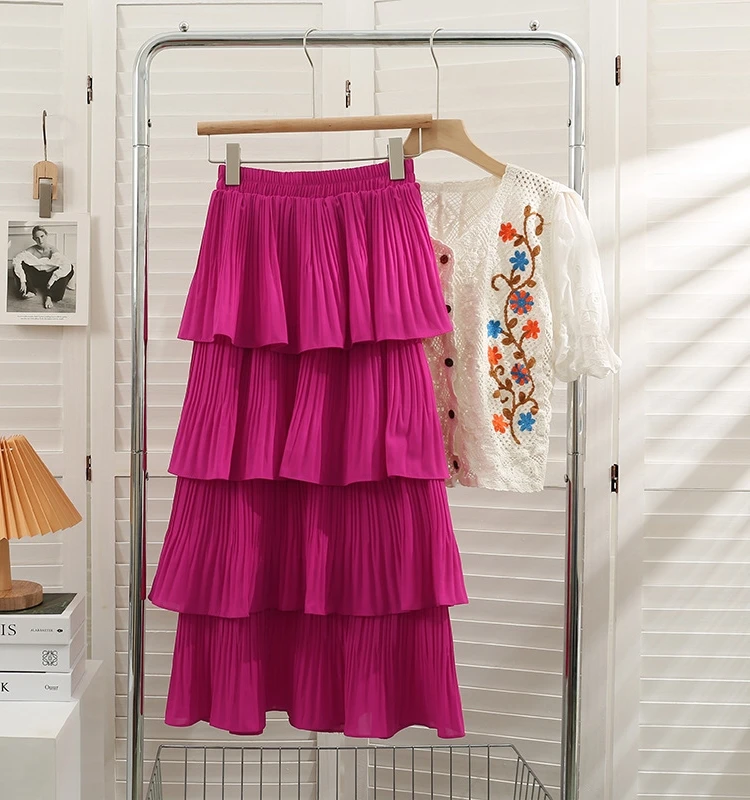 

High Waist Midi Length Cake Skirt Street Sle Pure Color Women's f Skirt High Waist Design Summer Collection 2023