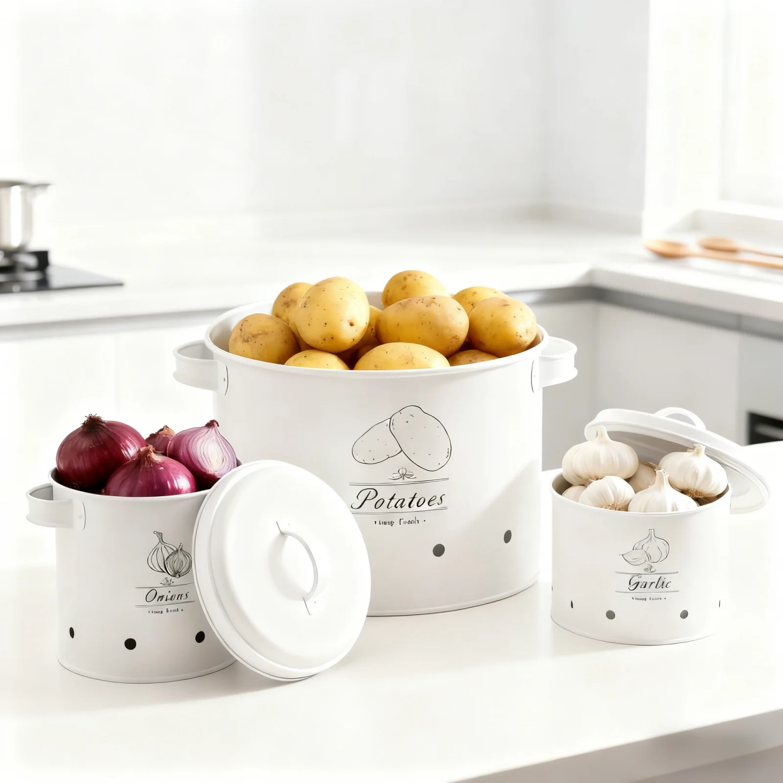 Set di Contenitori Ermetici per Patate, Cipolle e Aglio, una Combinazione Perfetta di 3 Pezzi dal Design Elegante (Bianco O2)