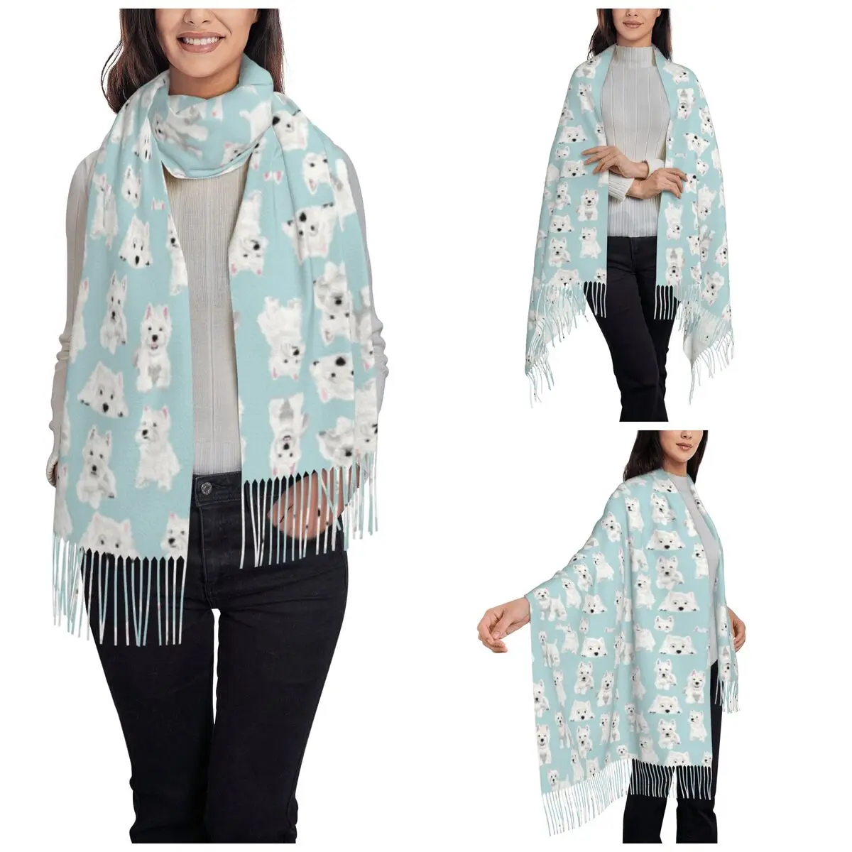 Women's Scarf with Tassel Westie Cute Puppy Large Winter Warm Shawl Wrap West Highland Terrier Dog Daily Wear Pashmina Scarves