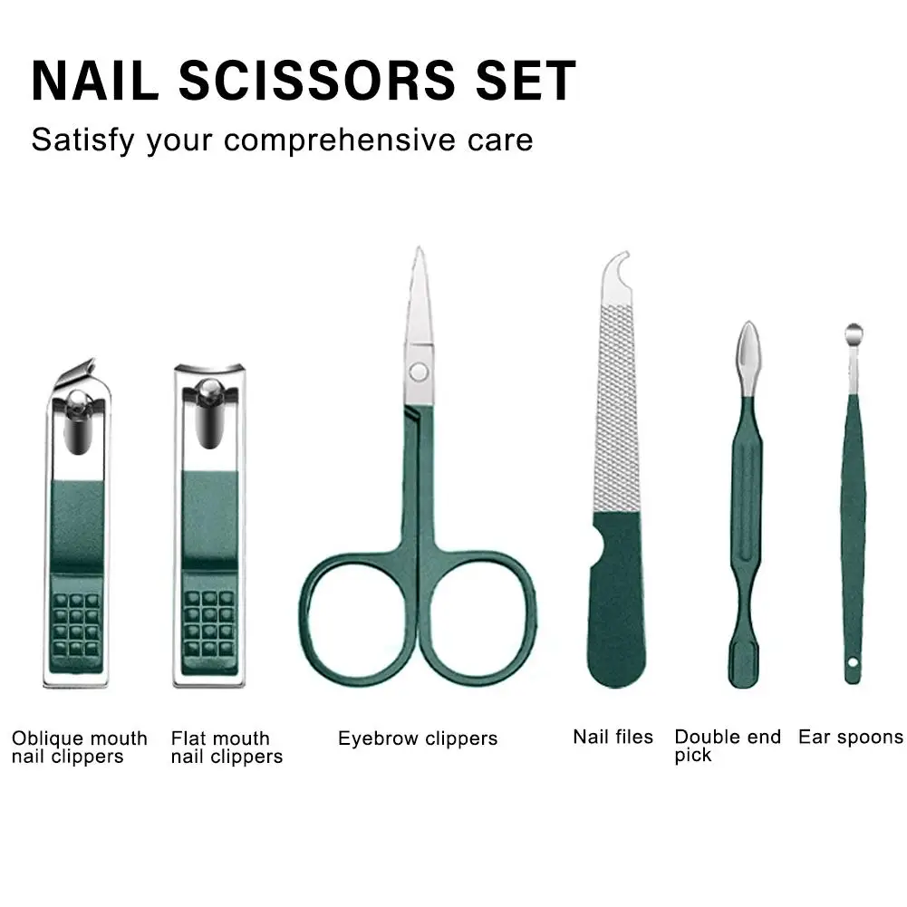 6 Pcs Portable Luxury Manicure Sets Bright Black Nail Tools Eyebrow Scissors Set Household Care File Nail Green Personal A9X7