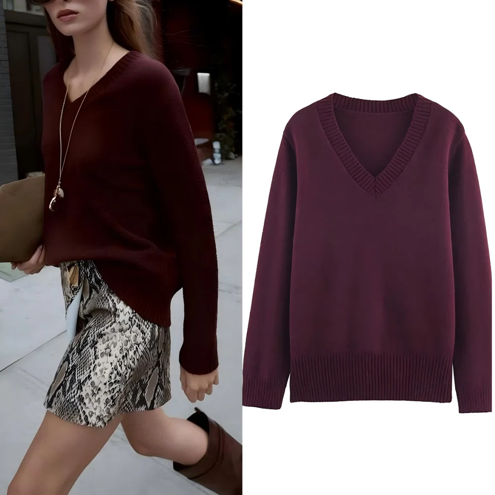 

Women's 2025 new fashion casual versatile soft texture V-neck knitted sweater retro long sleeved women's pullover chic top