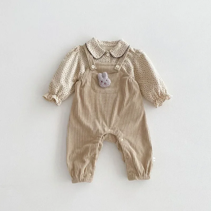 2024 Autumn Floral Shirt+Overalls Cotton Baby Clothes 2Pcs Set for Infant Boys Girls Suspenders Pants Base Top Toddler Outfit