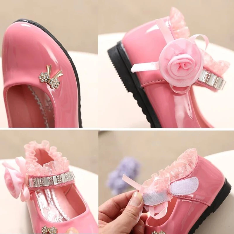 Kid Shoe 2023 New Flower Girl Shoe Primavera Outono Princesa Lace PU Sapato De Couro Bonito Bowknot Rhinestone for3-11 Ages Toddler Shoe