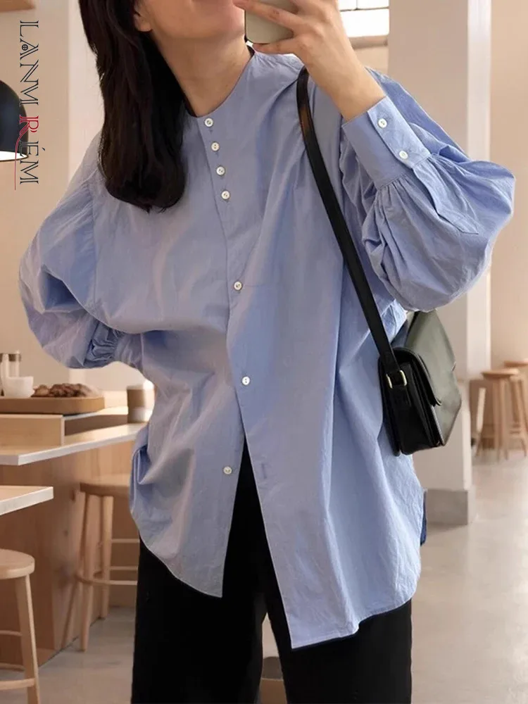 

LANMREM Casual Blue Shirt For Women O-neck Puff Sleeves Solid Color Single Breasted Blouses Versatile 2024 New Clothing CP2798