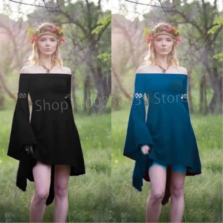 Adult Female Medieval Elf Victorian Costume Princess Robe Dress Sexy One Line Neck Strap Waist Corset Dress