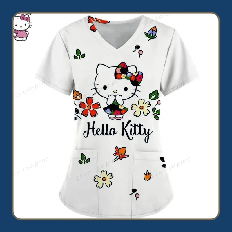 Angel Printed Hello Kitty Medical Wear T-Shirt Nurse Uniform Top Women Cartoon Cute Baby Gospel Pocket Work Clothes Uniform 18+