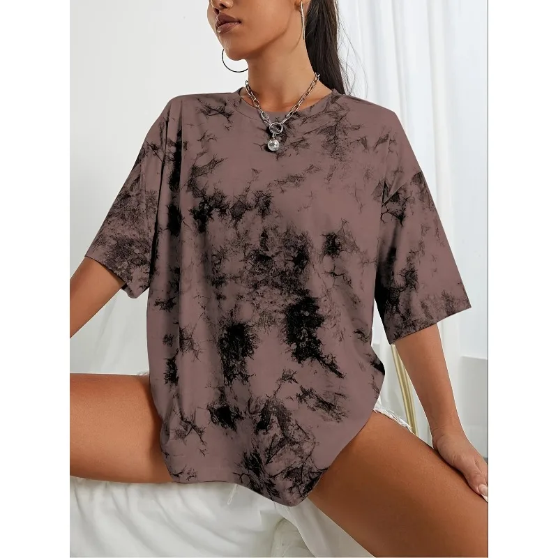 Plus Size New Women Fashion Tie Dye Contrasting Printed T-Shirt Ladies Round Neck Loose And Comfortable Short Sleeve Tops