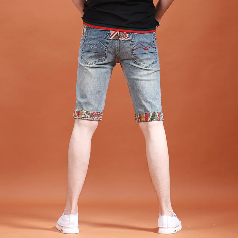 Short jeans bordado rasgado masculino, fino, respirável, elástico, personalidade de rua, retrô, jeans high-end, moda verão