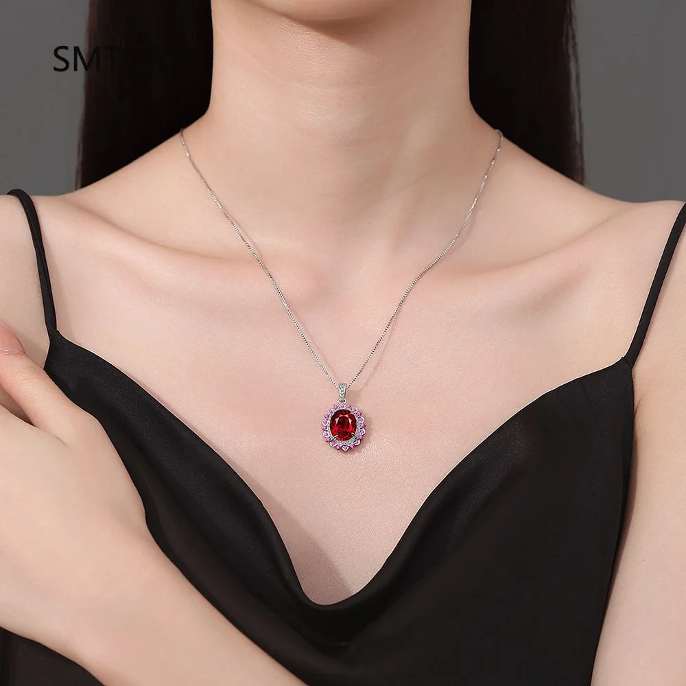

Oval Red Natural Garnet Created Ruby925 Sterling Silver Geometric Pendant Necklace for Women Fashion Gemstone Jewelry Choker