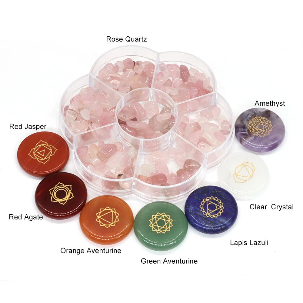 30 MM Natural Stone Carved Round Shape 7 Chakra Crystals Set Reiki Healing Rose Quartz with Box for Witchcraft Wicca Supplies