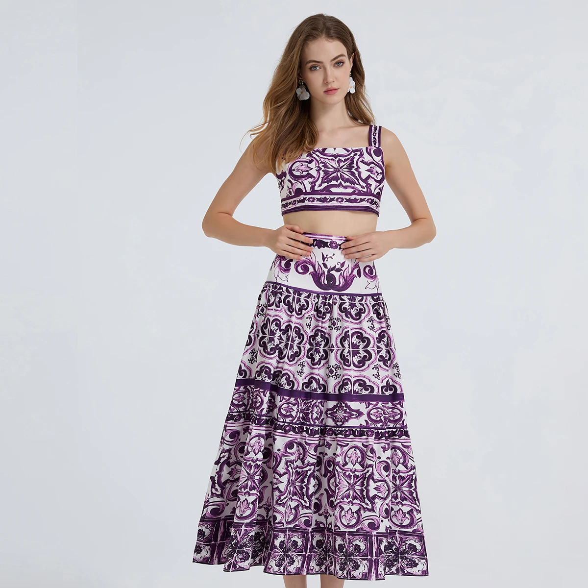 

JAMERARY Designer Floral Print Summer Holiday Two Piece Women Dress Sets Cup Padded Sexy Cropped Tops Long Maxi Skirts Suits