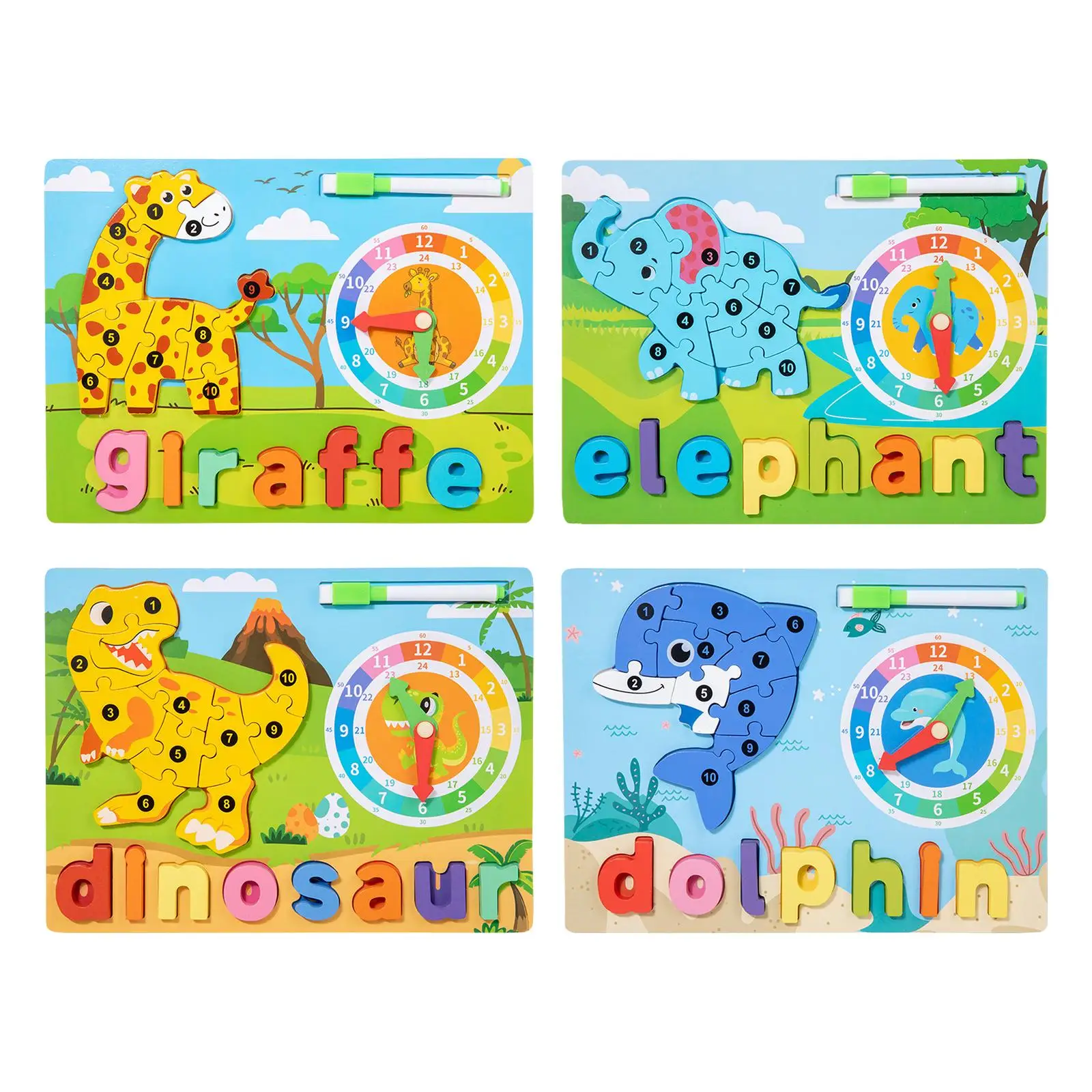 Puzzle animal en bois Montessori avec horloge pour enfants, jouet alphabet, garçons, filles, enfants