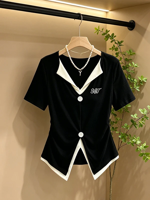 

plus Size Summer New Style Embroidered V-Neck Short Sleeve Commute Versatile Slimming Top Fake Two-Piece Design Ladies T-Shirt