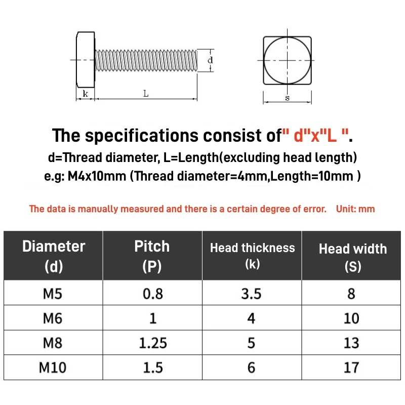 M4M5M6M8M10M12 SUS304 Stainless Steel Square Screws Foursquare Quadrate Shape Type Machine Bolt Length 10mm~100mm