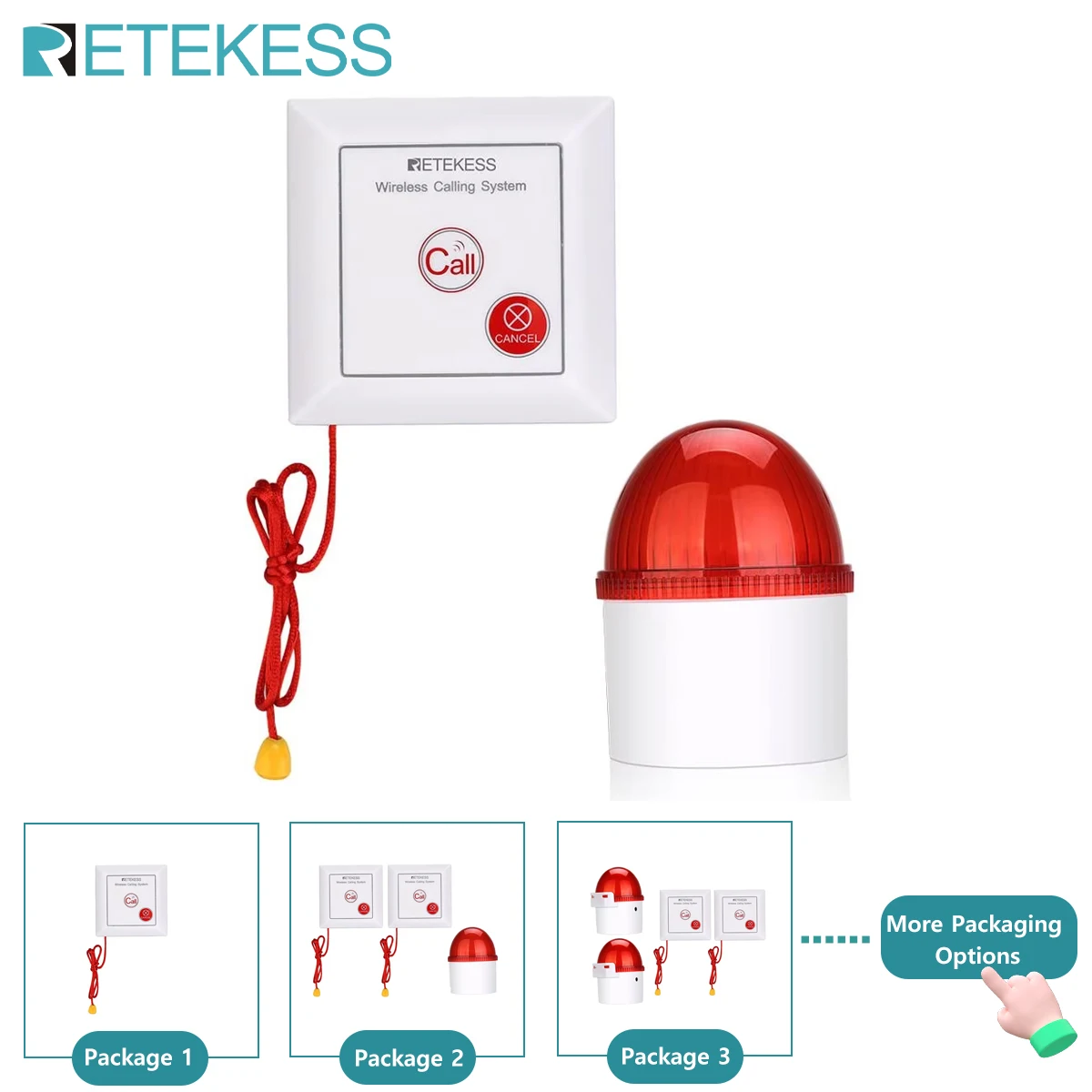 Retekess TH103 Caregiver Pager Alarm Strobe Siren Call System Pull Rope Waterproof Call Button for Home Safety Elderly Patient