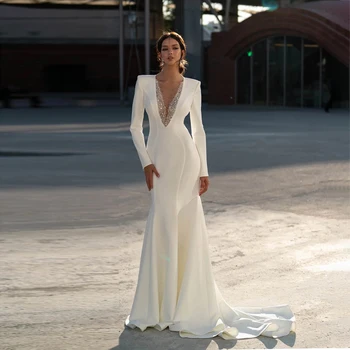 Furtanseo 2023 nowe suknie ślubne z długimi rękawami nowoczesne ślubne sukienki w stylu syreny z zamkiem