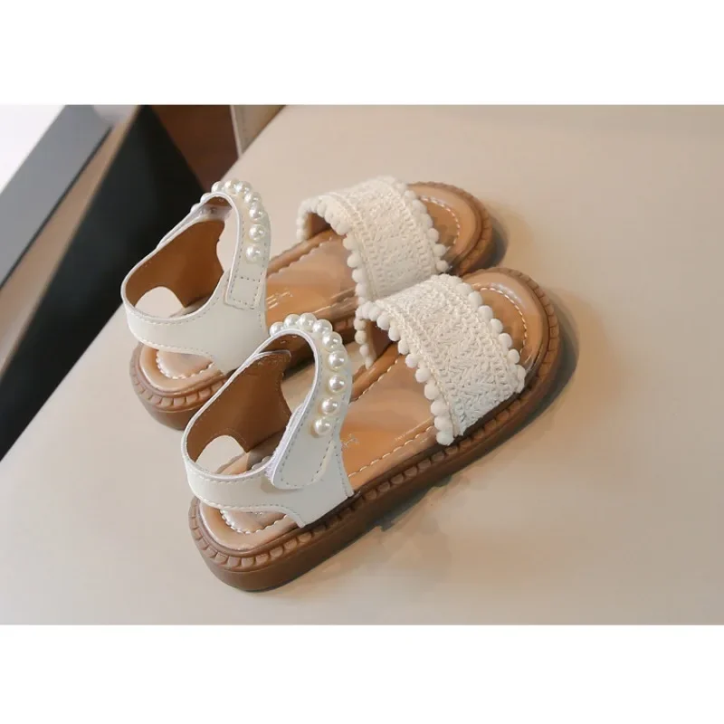 Size 22-31 Childrens Girls Flat Sandals 2024 Summer Baby Girl Shoes 1 to 2 Years Beading Kids Princess Beach Shoes Walking Shoes