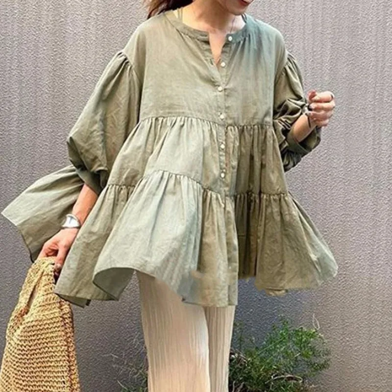

Japanese Sle round Ne Pure Color Five-Quarter Sve Doll irt Women's Summer New Loose Meat Covering Middle-Length ir...