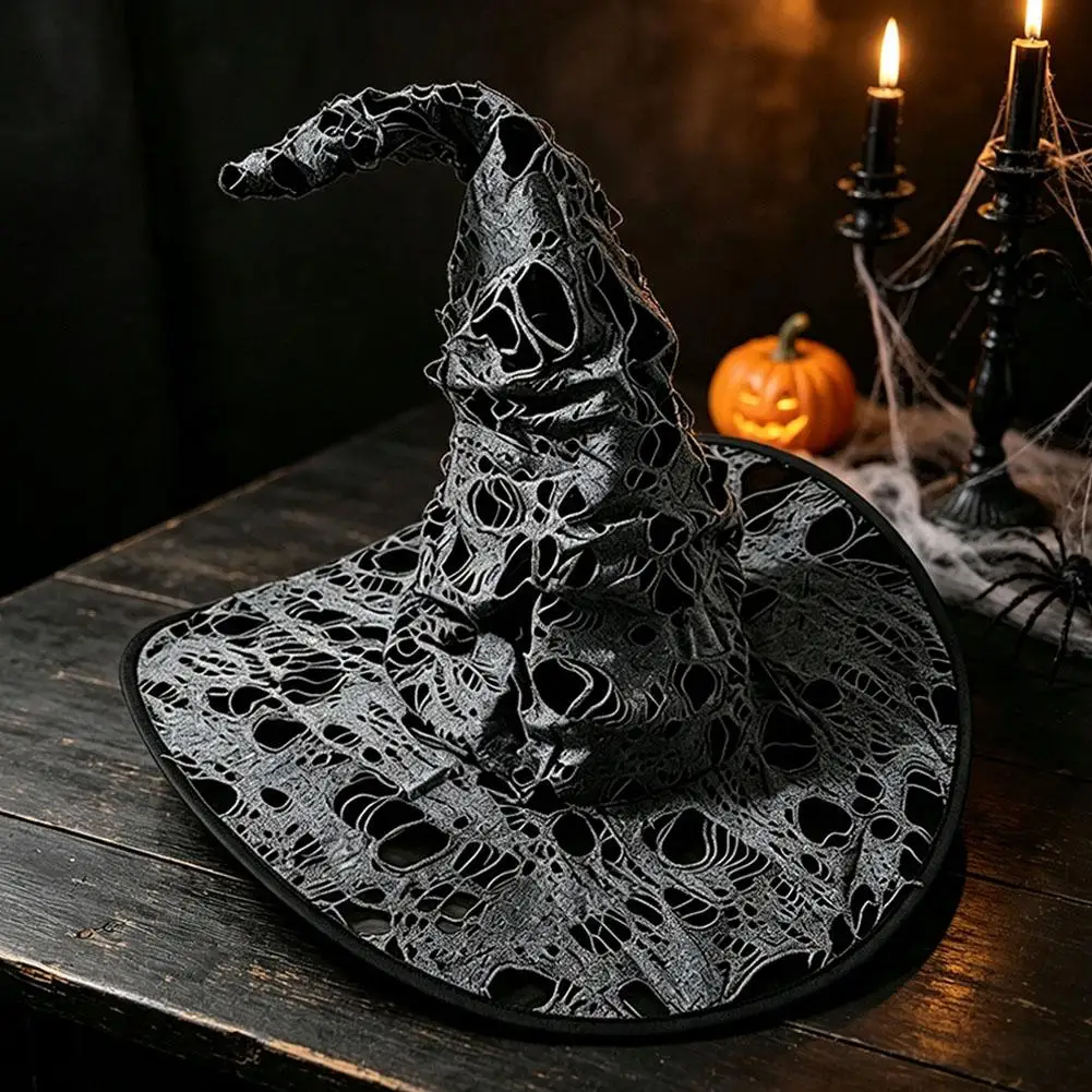 Vintage Hollow Out Lace Witch Hat Distressed Curved Pointed Design Wide Brim For Halloween Cosplay Theme Party Costume Use