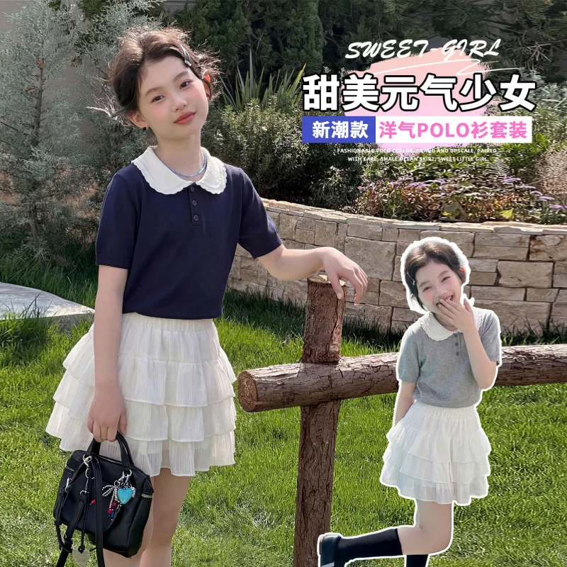 Girls' Summer Dress Set2026New children's clothing for older kids, summer thin short-sleeved cake dress two-piece set