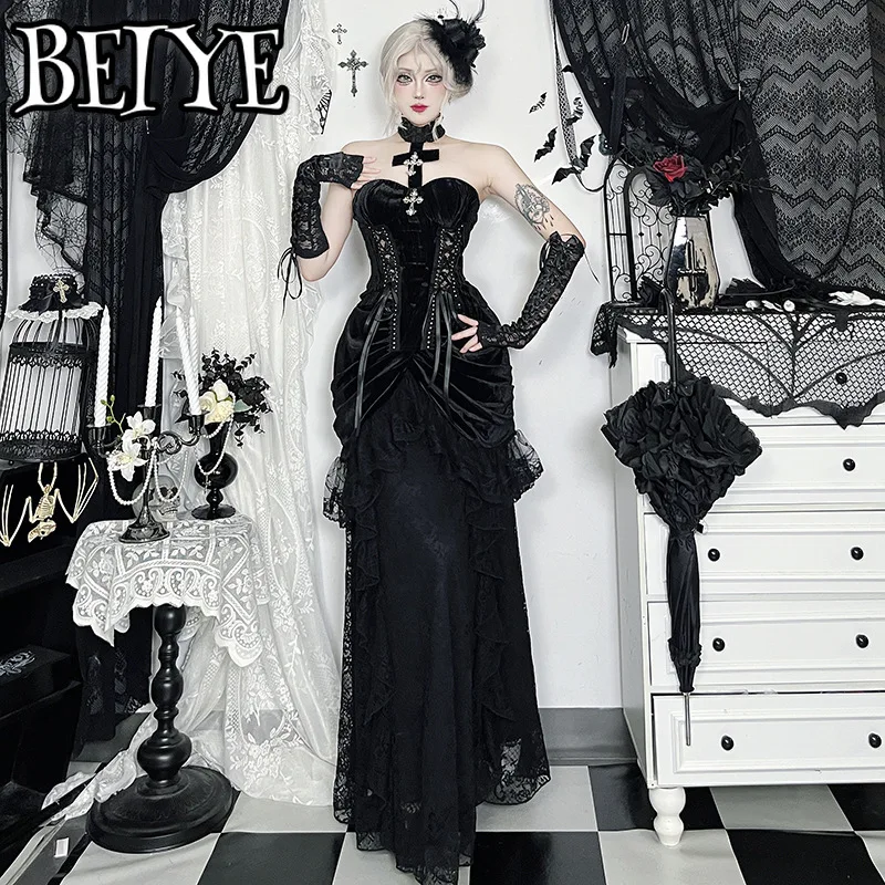 Gonna in velluto stile palazzo vintage Donna Gotico scuro Halloween Cosplay Patchwork in pizzo Gonne per banchetti a vita alta