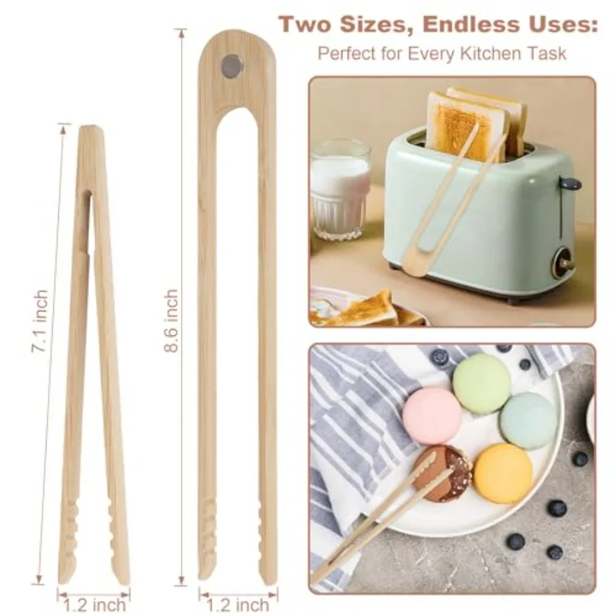 ملقط من الخيزران وملقط توست للطهي 8.6 بوصة مغناطيسية + 7.1 بوصة أواني صغيرة مضادة للانزلاق من الخيزران الفاخر لخبز لحم الخنزير المقدد سالا