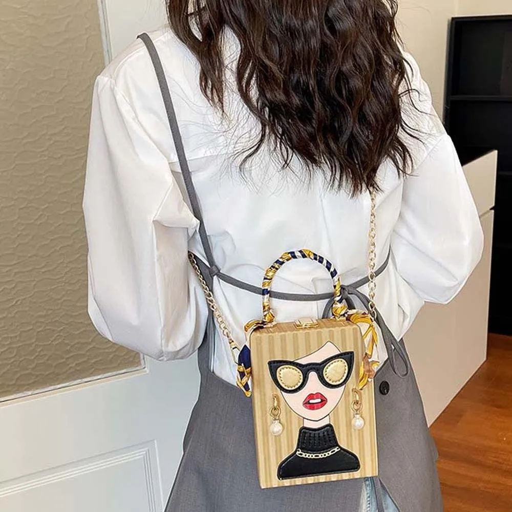 

Ribbed Textured Surface 3D Lady Face Satchel Faux Pearl Earrings Decor Detachable Chain Strap Scarf Wrapped Handle Bag
