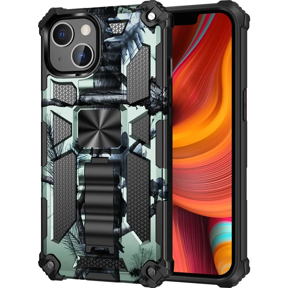 Luxury camo military armored shock-proof case for iPhone 11 12 13 14 15 Pro Max Xs XR SE 2022 8 7 Plus hidden stand cover