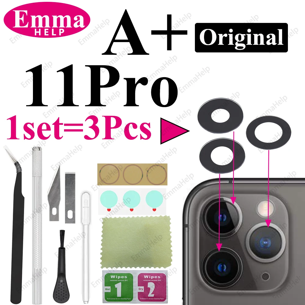 EmmaHelp 1 Set Original Saphir Rückkamera-Objektivglas für iPhone 15 14 13 12 11 Pro Max Plus Mini mit Klebstoff-Reparatur-Werkzeugset 6