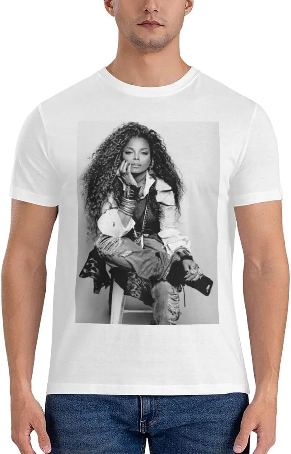 Janet Music Jackson T-Shirt Men\'s Cotton Performance Basic Short Sleeve T-Shirt Large White