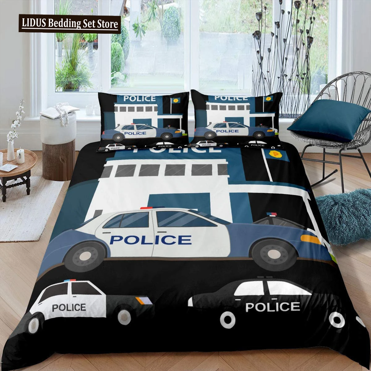 

Police Car Duvet Cover Set Boys Cartoon Car Bedding Sets Full Size, Emergency Responder Vehicles Comforter Cover Set Blue Grey