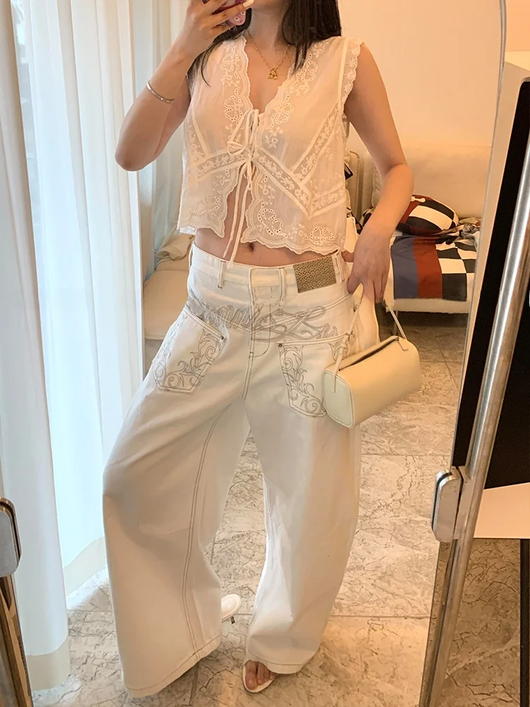 American High Street Design Printed Distred Wide Leg Jeans Women's Sexy Knife  Pants High Waist Long Trousers