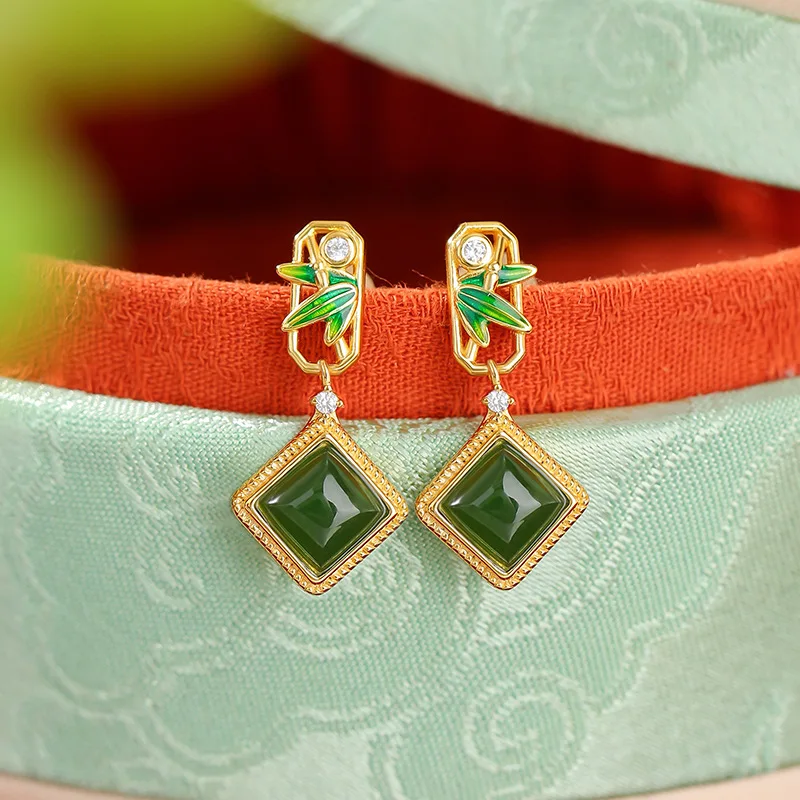 S925 Sterling Silver Gold-Plated Hetian Jade Enamel-Shaped Leaf New Geometric Earrings