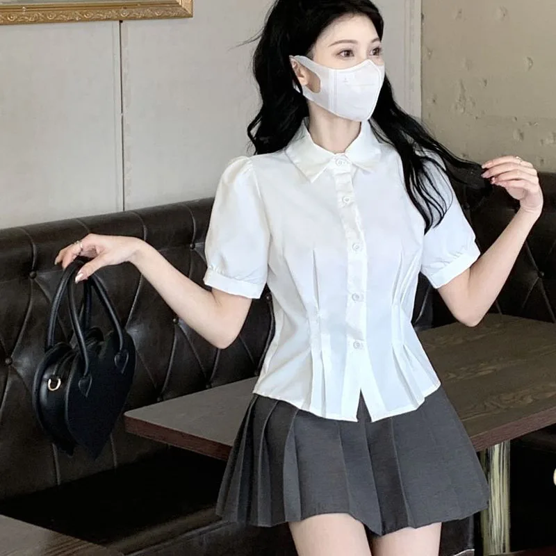 Dames Zomer Wit Cropped Shirts College Stijl Turndown Kraag Korte Mouw Blouse Dame Koreaanse Stijl Plooien Slim Fit Crop Tops