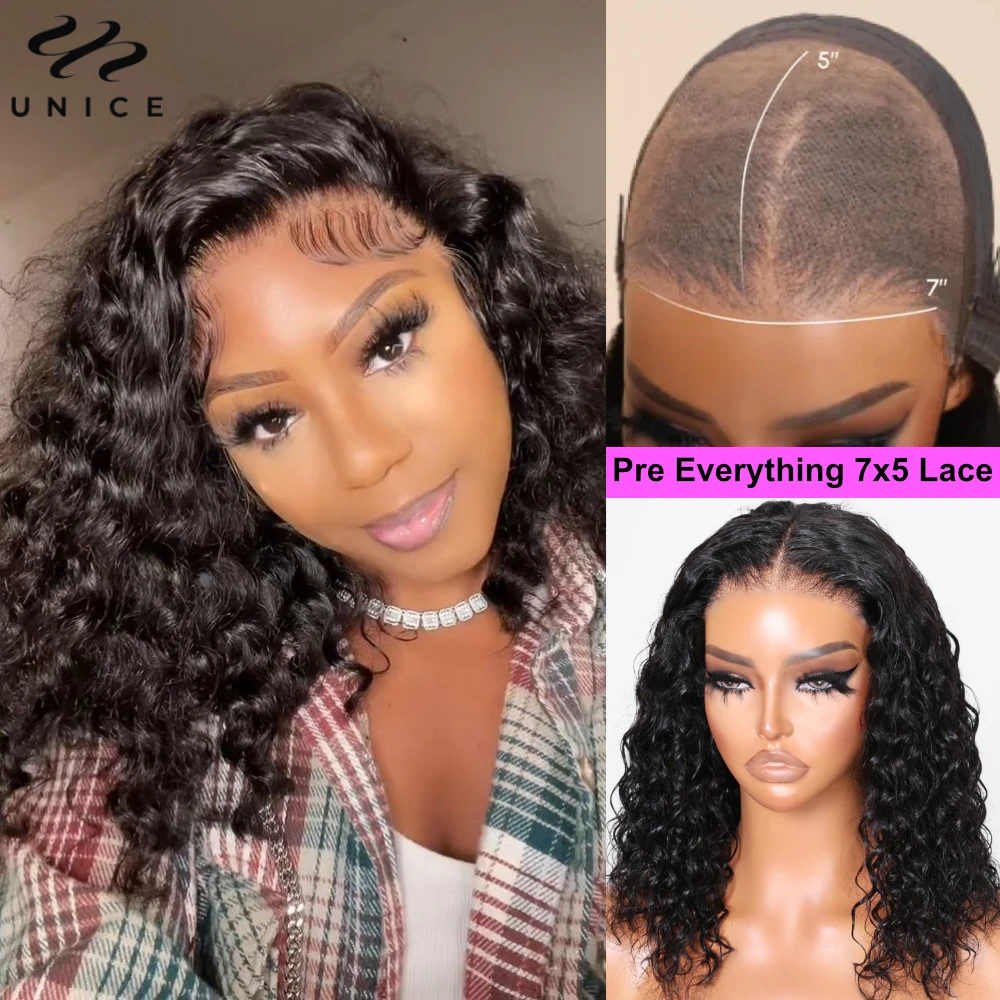 

UNice Hair Pre Cut Pre Bleached 7x5 13x4 Lace Front Wig 100% Human Hair Water Wave Bob Wig Short Human Hair Wigs 150% Density