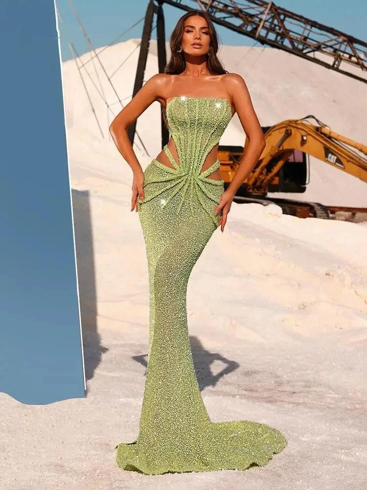 

Сексуальное длинное платье без бретелек с пайетками, сетчатыми вставками и вырезами, зеленое, без рукавов, с драпировкой и бисером, облегающее, для торжественных мероприятий и вечеринок