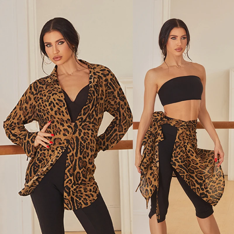 

ZYM Одежда для латинских танцев, женские леопардовые рубашки, кардиган с длинными рукавами, одежда для танцев румбы, танцевальные топы для самбы, сальсы, пальто SS1378