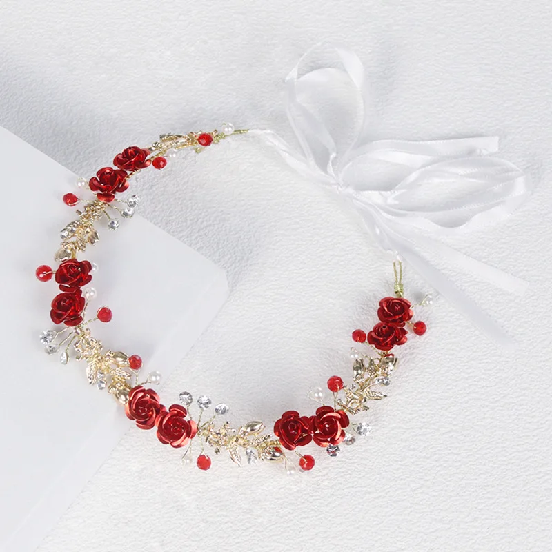 Hot Selling Rhinestone Hairbands Golden Floral Fashion Hair Accessories Bridal Wedding Decoration Accessories Red Flower