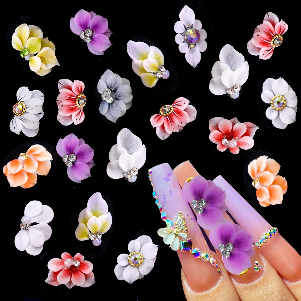 10pcs Handmade Acrylic Carved Flower Nail Art Charms 3D Vivid Carved Floret Rhinestone Diamond Luxury Jewelry Nail Tips Beauty