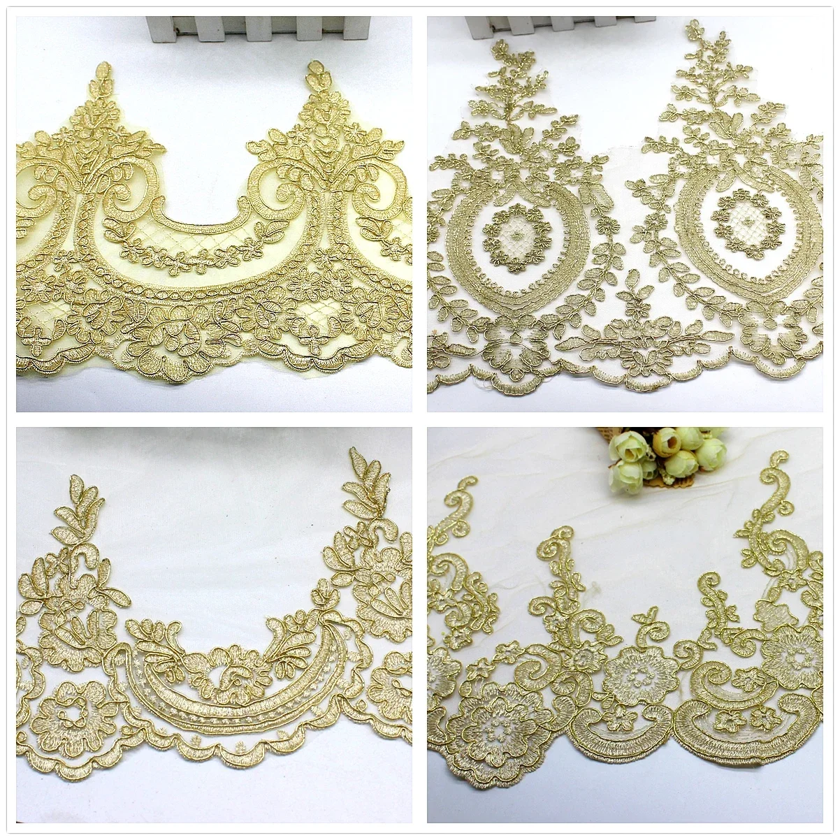 1 Yard Gold Embroidered Lace Fabric For Wedding Dress Diy Apparel Appliqued Champagne Gold Lace Trims Scalloped Bridal Sashes