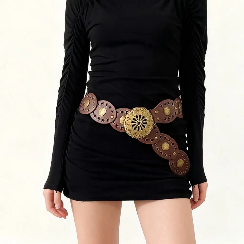 Fashion Metal Western Style Cowboy Belts Round Y2K Hollow Out Belts Exaggerated Vintage Ethnic Style Waistband Jeans Decorative