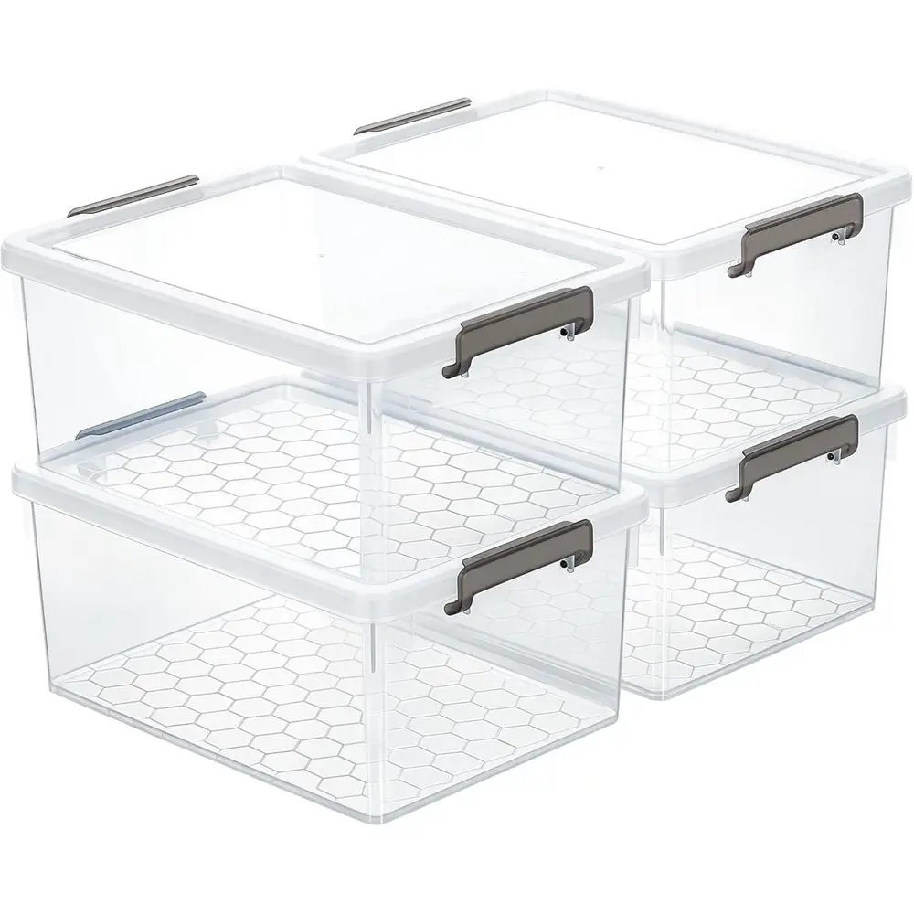 33 Qt Ultra-Thick (3.82mm) Clear Plastic Storage Bins with Lids, 4-Pack Stackable Straight-Wall Closet Organizers with eycomb Ba