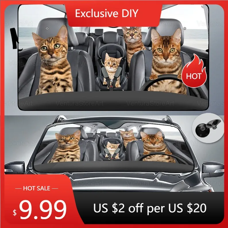 Bengal Car Sunshade, Bengal Car Sun Protector, Bengal Cat Lover, Cat Car Accessory, Bengal Windshield Sunscreen LNG042207G10