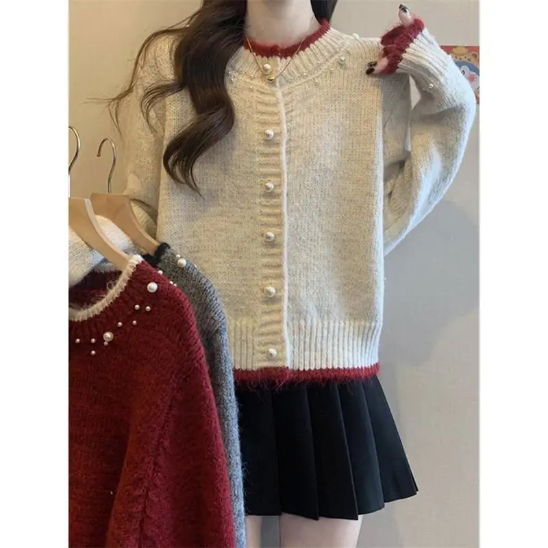 الملابس النسائية النسخة الكورية اللون منعت سترة سترة للنساء ربيع الخريف الحلو مطرز الزينة محبوك